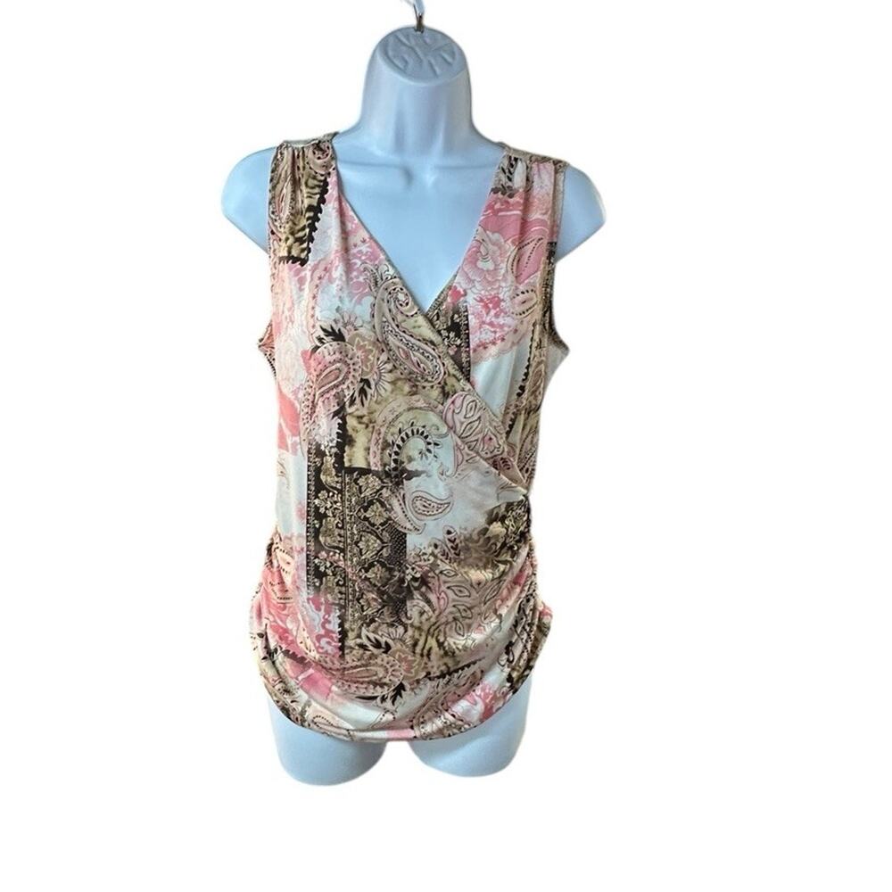 Georgiou Studio Paisley Faux Wrap Top Ruched Sleeveless Stretch L
